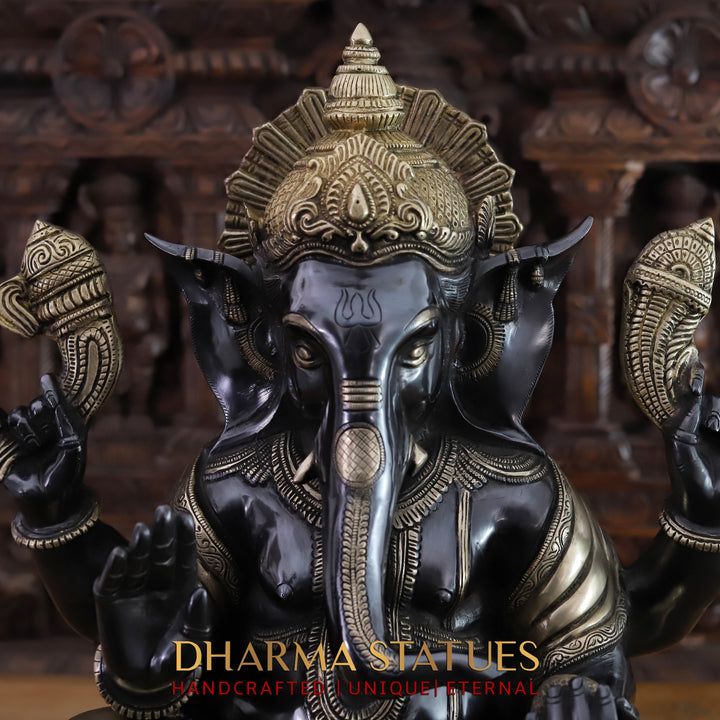 Brass Lord Ganesh Idol, Seated on a Base, Black Patina and Golden Finish 21"