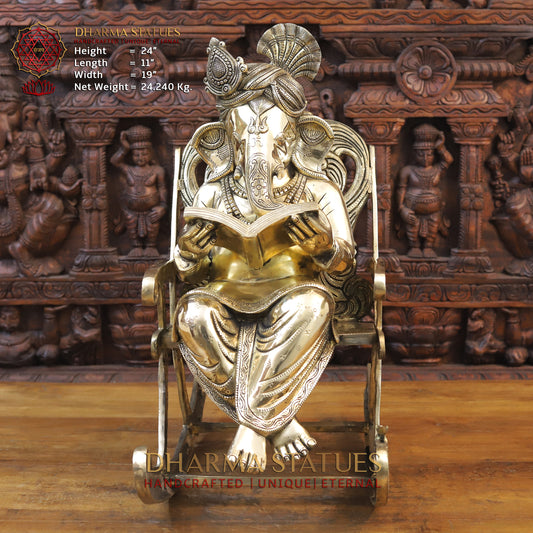 Brass Ganesh sitting on a Chair, Reading a Book, Golden Finish, 24"