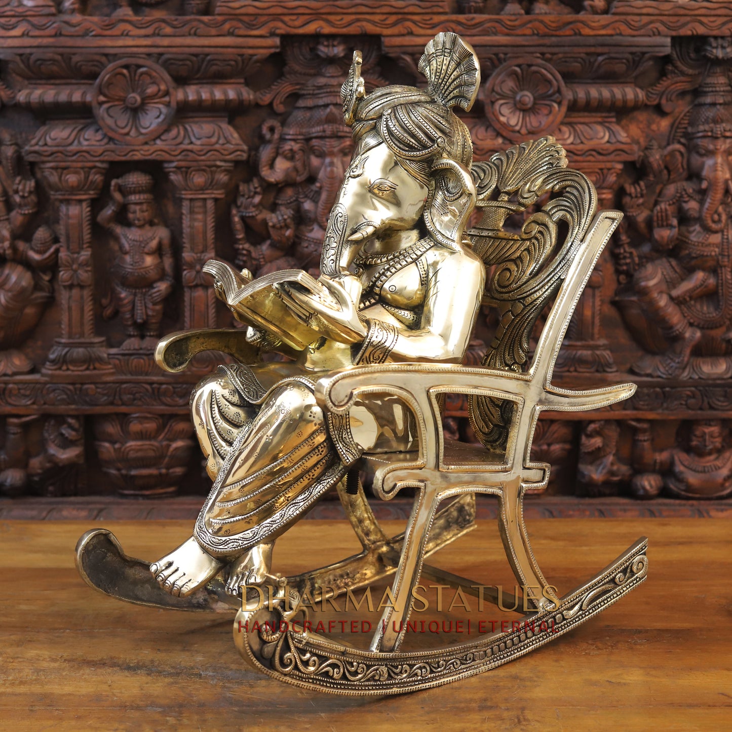 Brass Ganesh sitting on a Chair, Reading a Book, Golden Finish, 24"