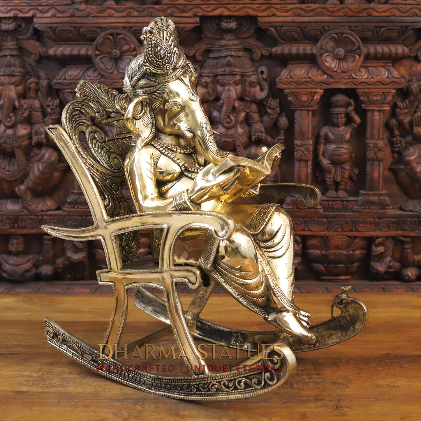 Brass Ganesh sitting on a Chair, Reading a Book, Golden Finish, 24"