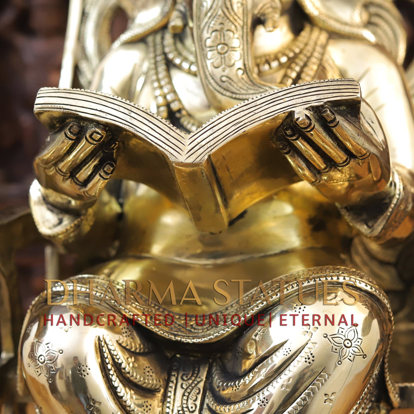Brass Ganesh sitting on a Chair, Reading a Book, Golden Finish, 24"