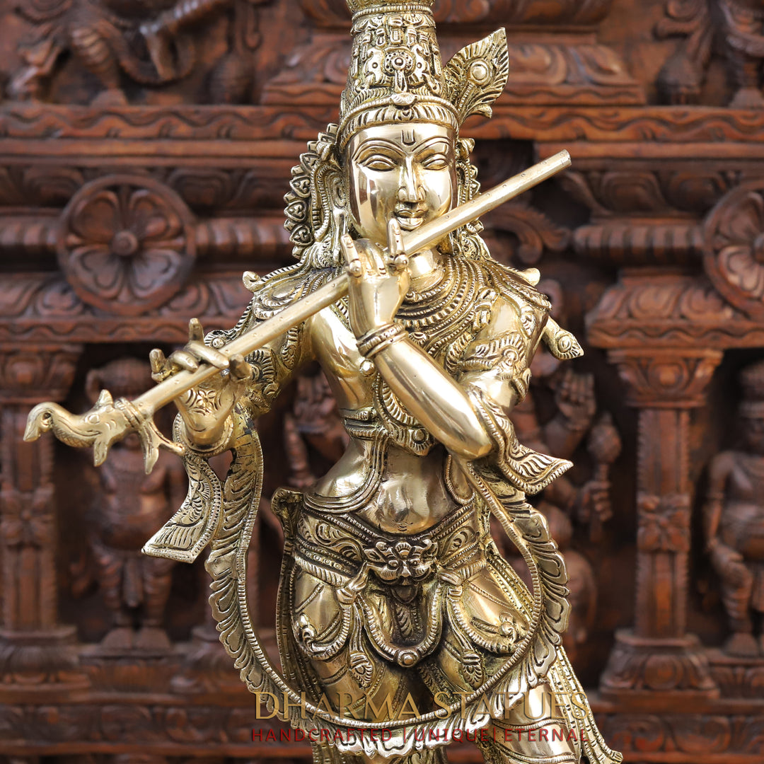 Brass Krishna Idol, Playing Flute, Fine Golden Finish, 28.5"