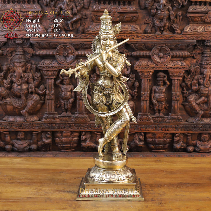 Brass Krishna Idol, Playing Flute, Fine Golden Finish 28.5"