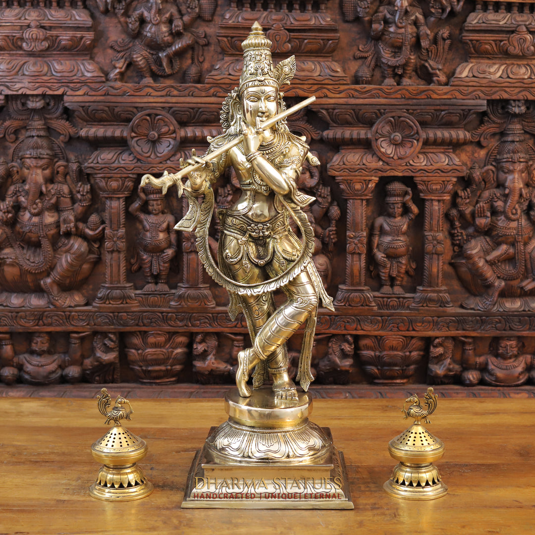 Brass Krishna Idol, Playing Flute, Fine Golden Finish, 28.5"