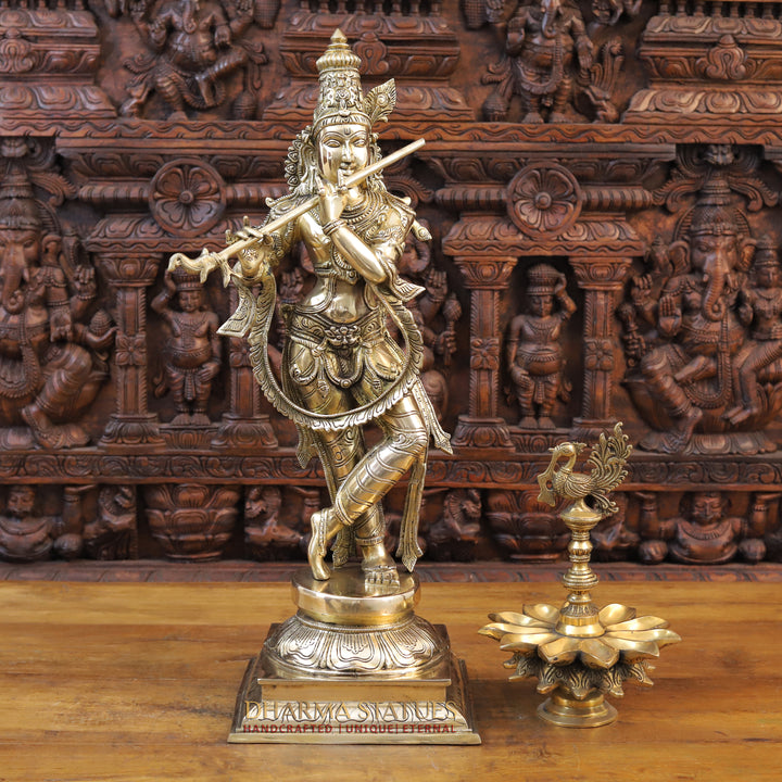 Brass Krishna Idol, Playing Flute, Fine Golden Finish, 28.5"