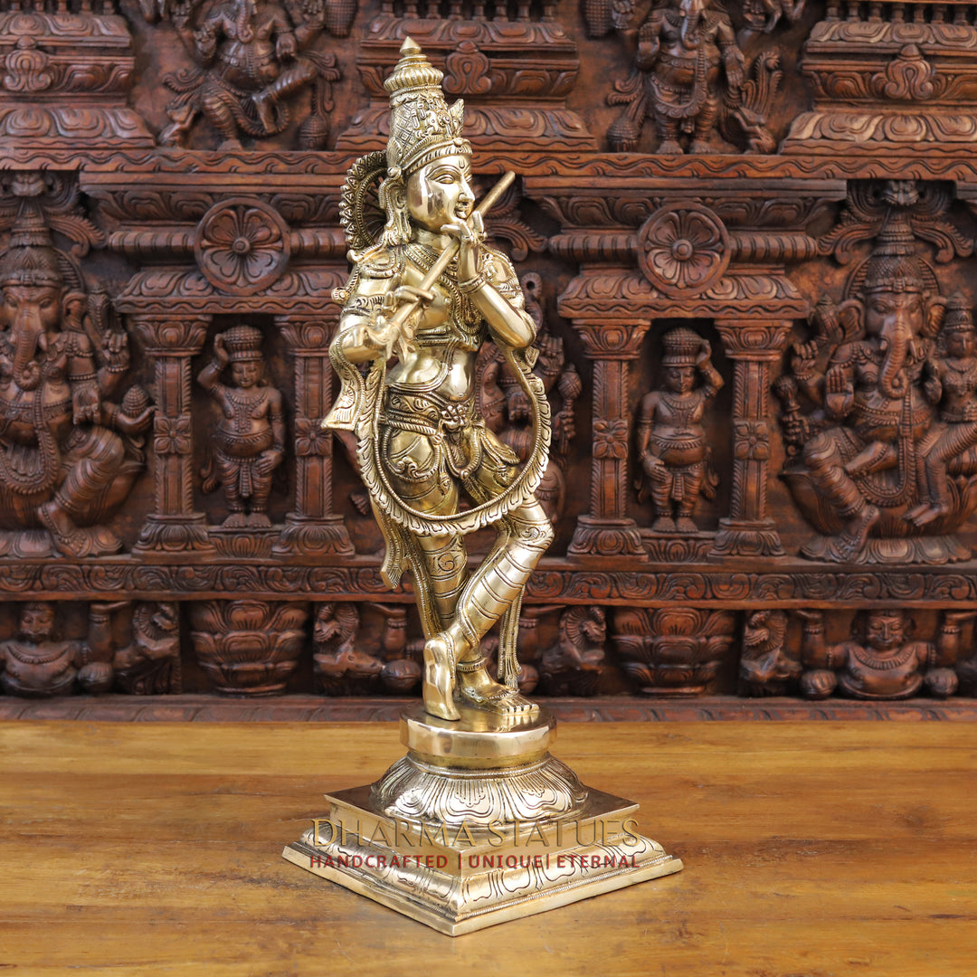 Brass Krishna Idol, Playing Flute, Fine Golden Finish, 28.5"