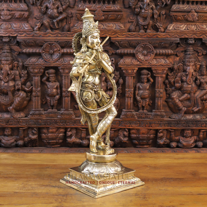 Brass Krishna Idol, Playing Flute, Fine Golden Finish, 28.5"