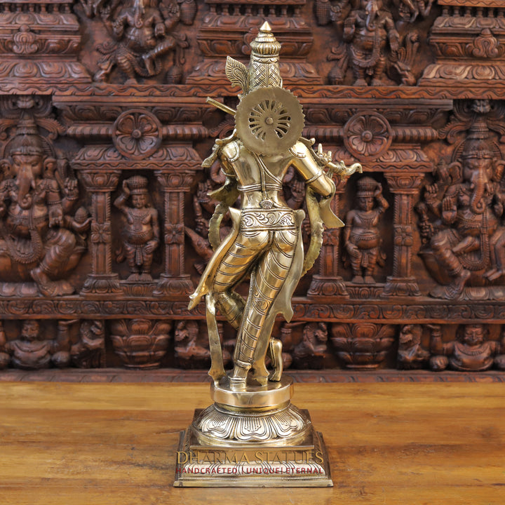 Brass Krishna Idol, Playing Flute, Fine Golden Finish, 28.5"