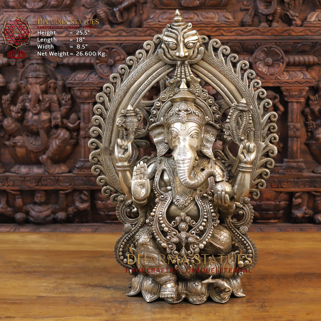 Brass Ganesh Idol, Seated on a Lotus in Blessing Posture, Fine Golden Finish 25.5" Front View