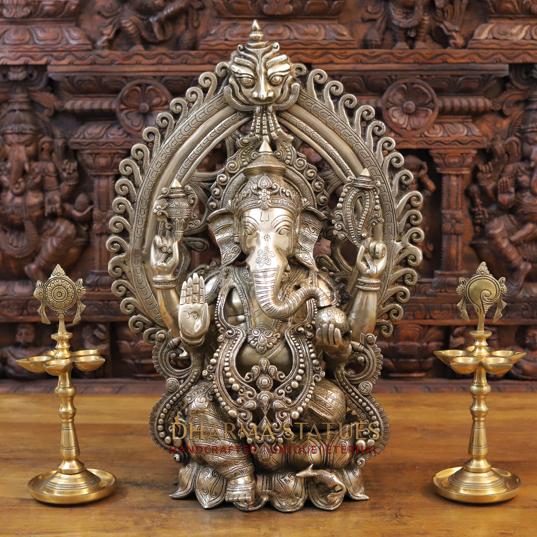 Brass Ganesh Idol, Seated on a Lotus in Blessing Posture, Fine Golden Finish 25.5" side view