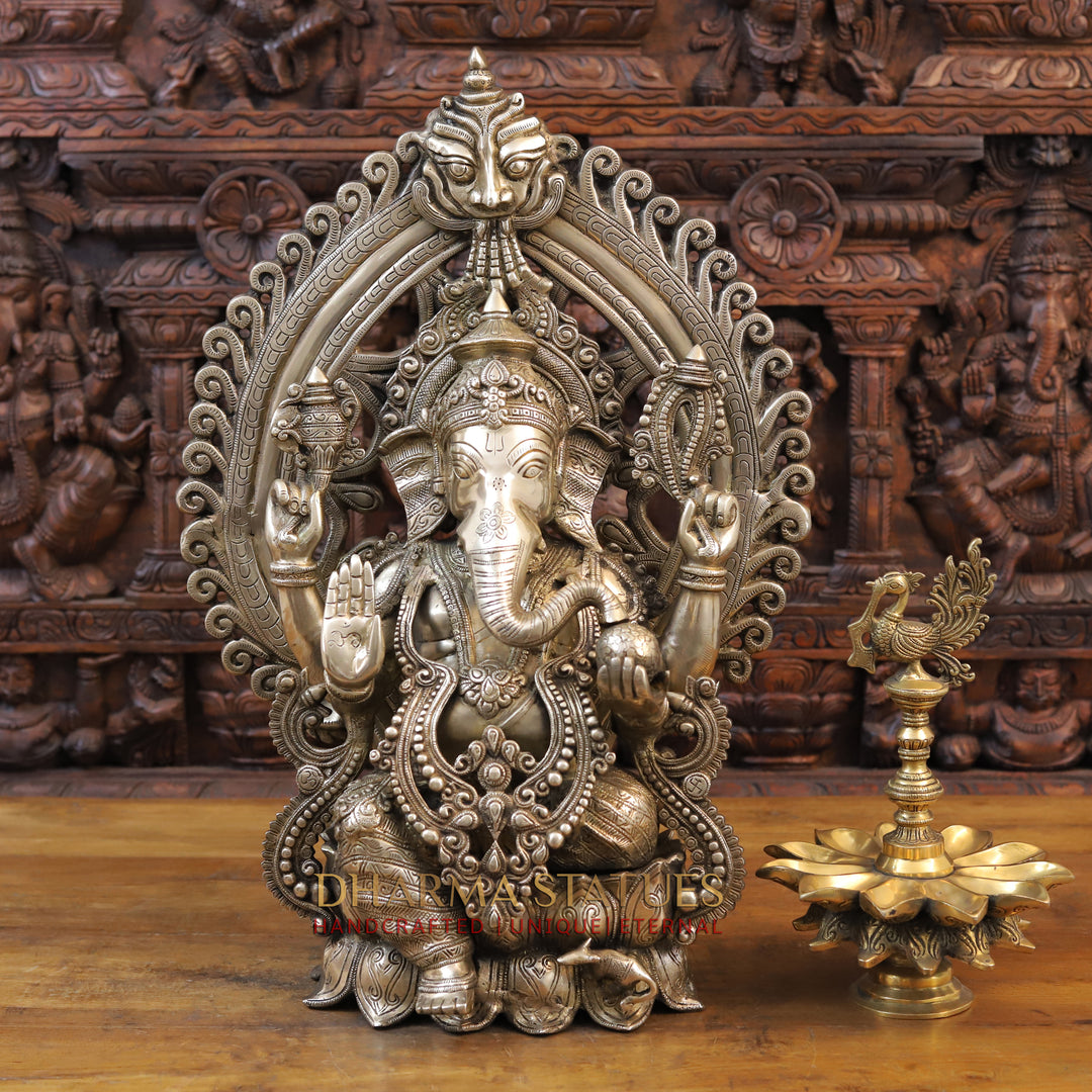 Brass Ganesh Seated with Frame,  Fine Golden Finish 25.5"