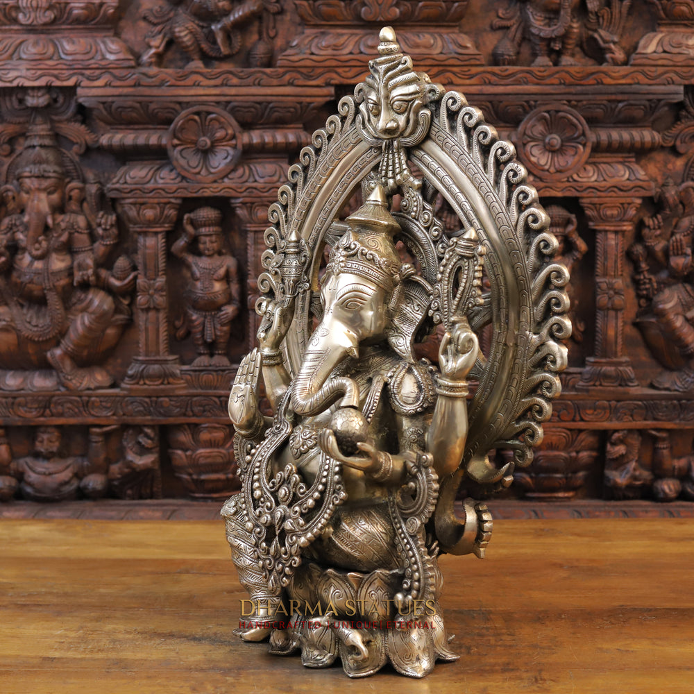 Brass Ganesh Idol, Seated on a Lotus in Blessing Posture, Fine Golden Finish 25.5" sid eview