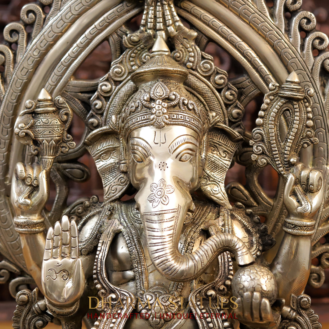 Brass Ganesh Seated with Frame,  Fine Golden Finish 25.5"