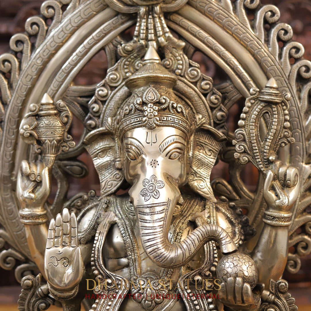 Brass Ganesh Seated with Frame,  Fine Golden Finish 25.5"