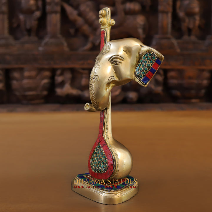 Brass Ganesh Modern with Veena , Stone Work 12"