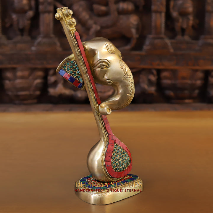 Brass Ganesh Modern with Veena , Stone Work 12"