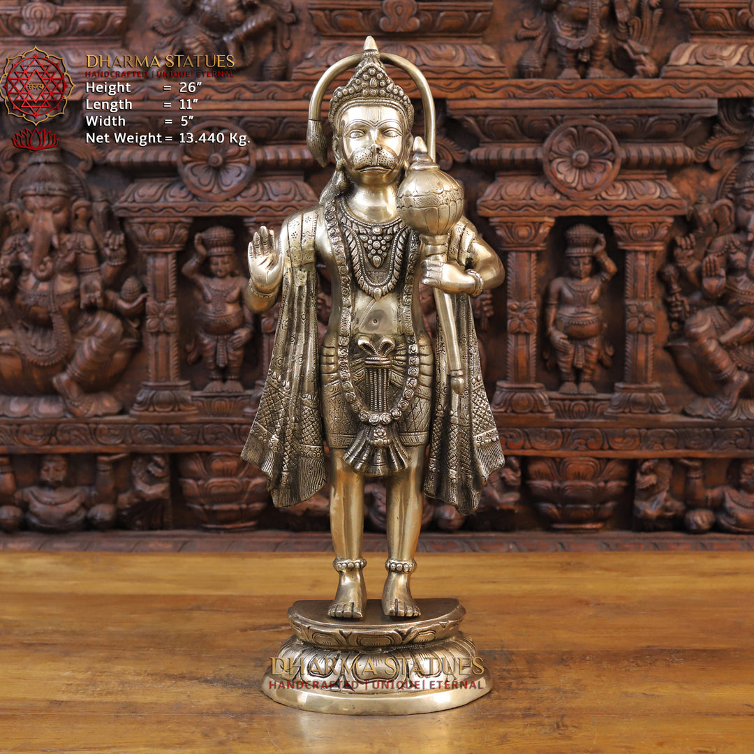 Brass Lord Hanuman Idol, Standing on a Base, Fine Golden Finish 26" Front View