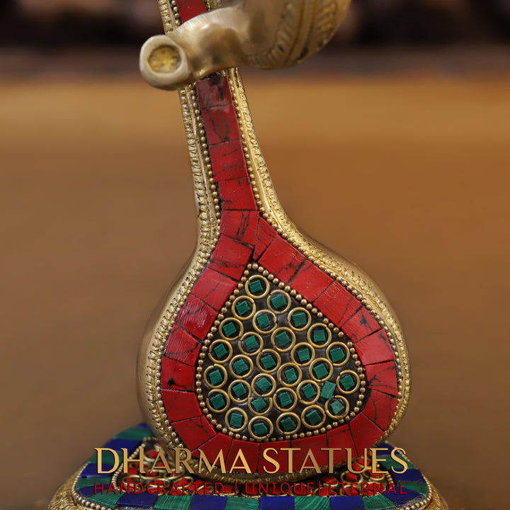 Brass Ganesh Modern with Veena , Stone Work 12"