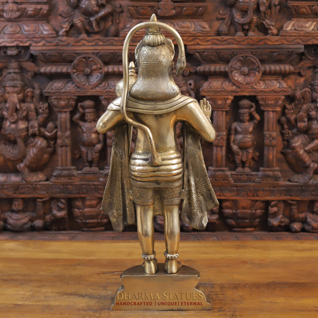 Brass Lord Hanuman Idol, Standing on a Base, Fine Golden Finish 26" back view