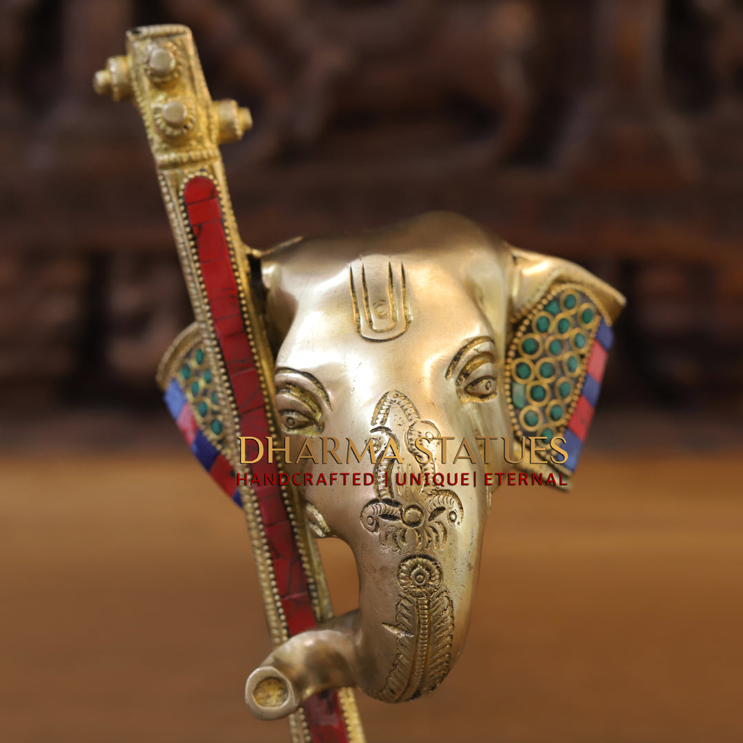 Brass Ganesh Modern with Veena , Stone Work 12"