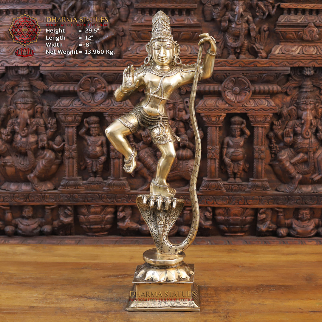 Brass Lord Krishna Idol, Standing on Nag, Fine Golden Finish 29.5" Front View