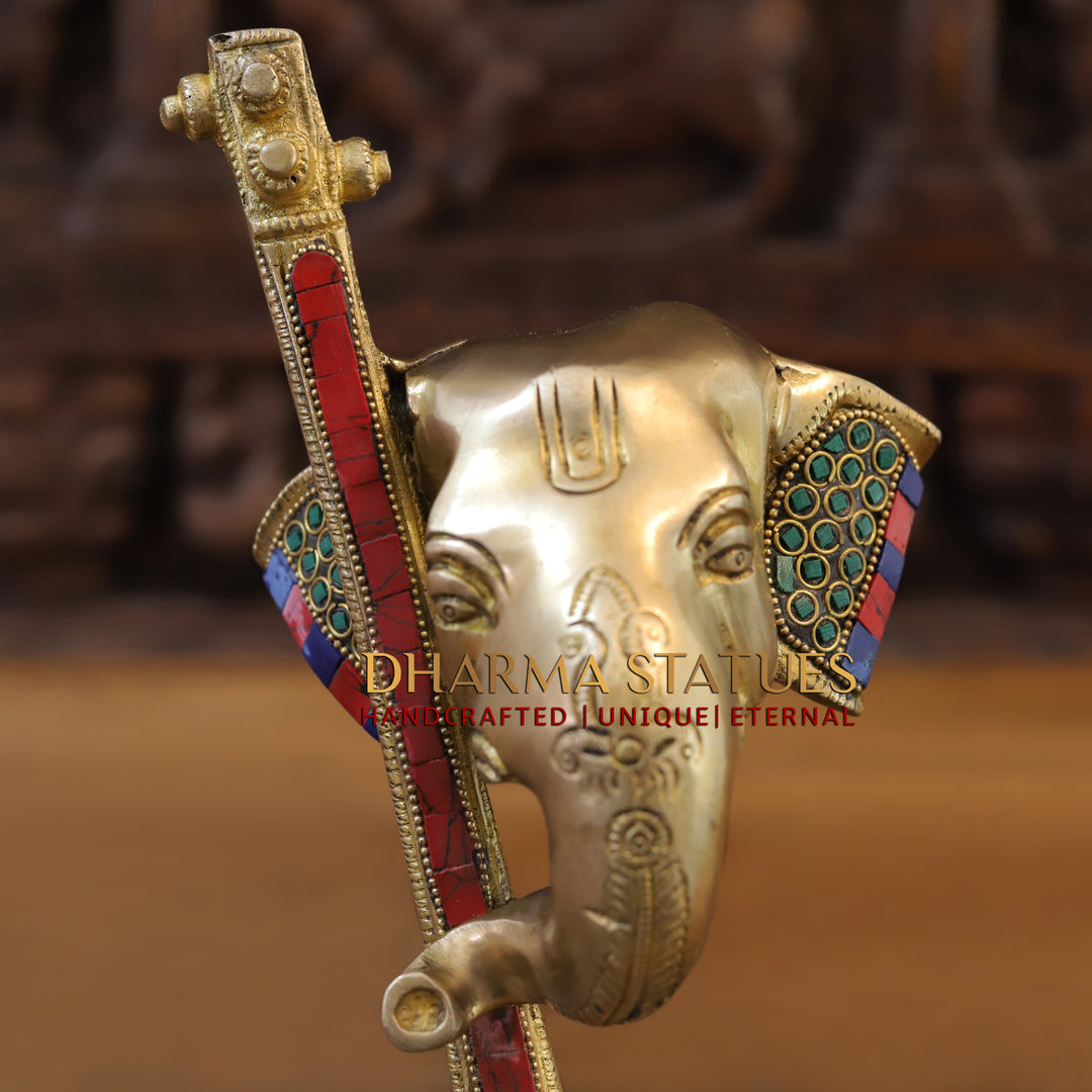 Brass Ganesh Modern with Veena , Stone Work 12"