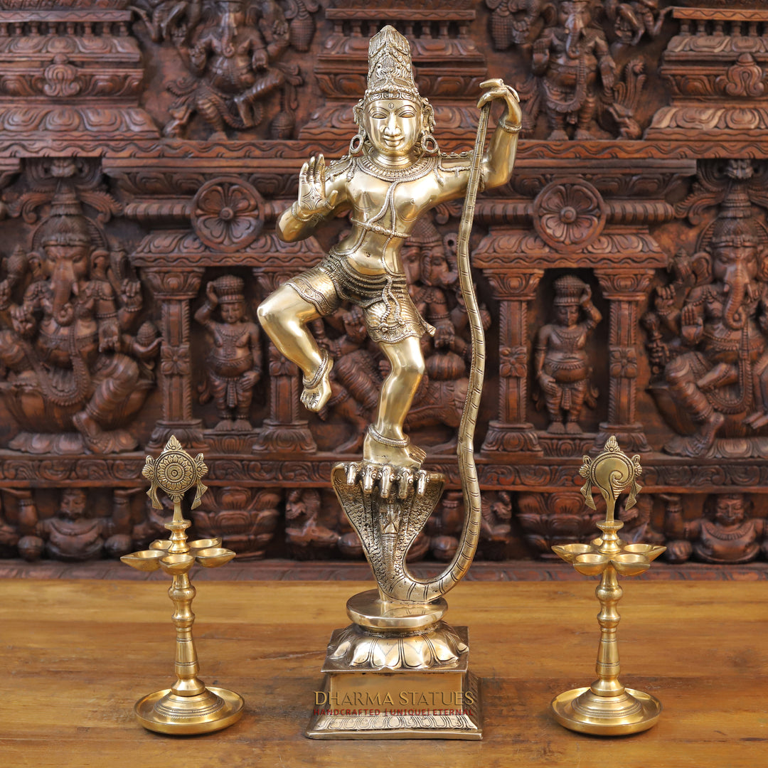 Brass Lord Krishna Idol, Standing on Sheshnag, Fine Golden Finish 29.5"