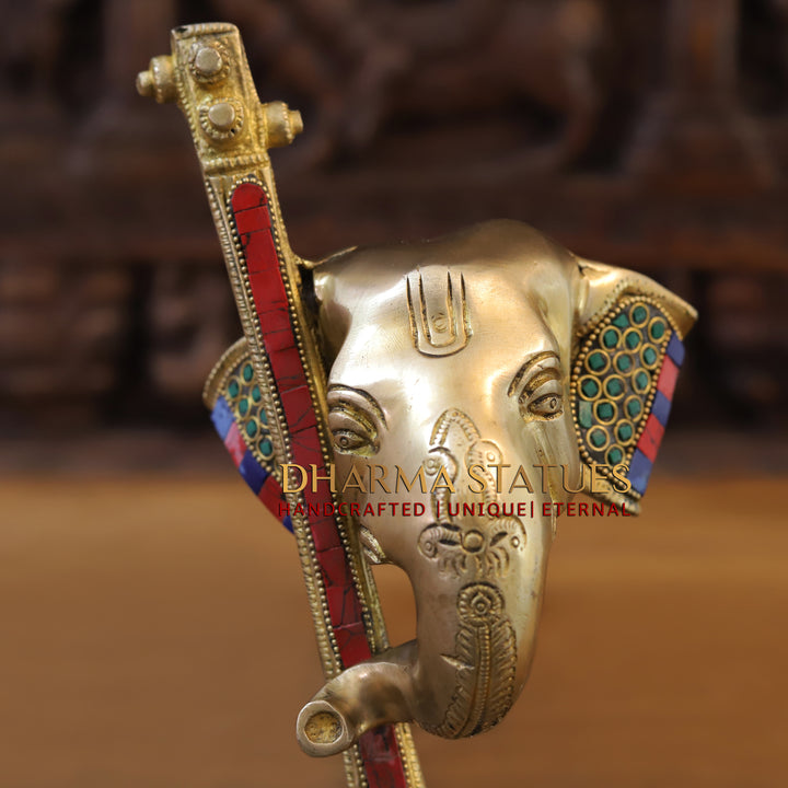 Brass Ganesh Modern with Veena , Stone Work 12"