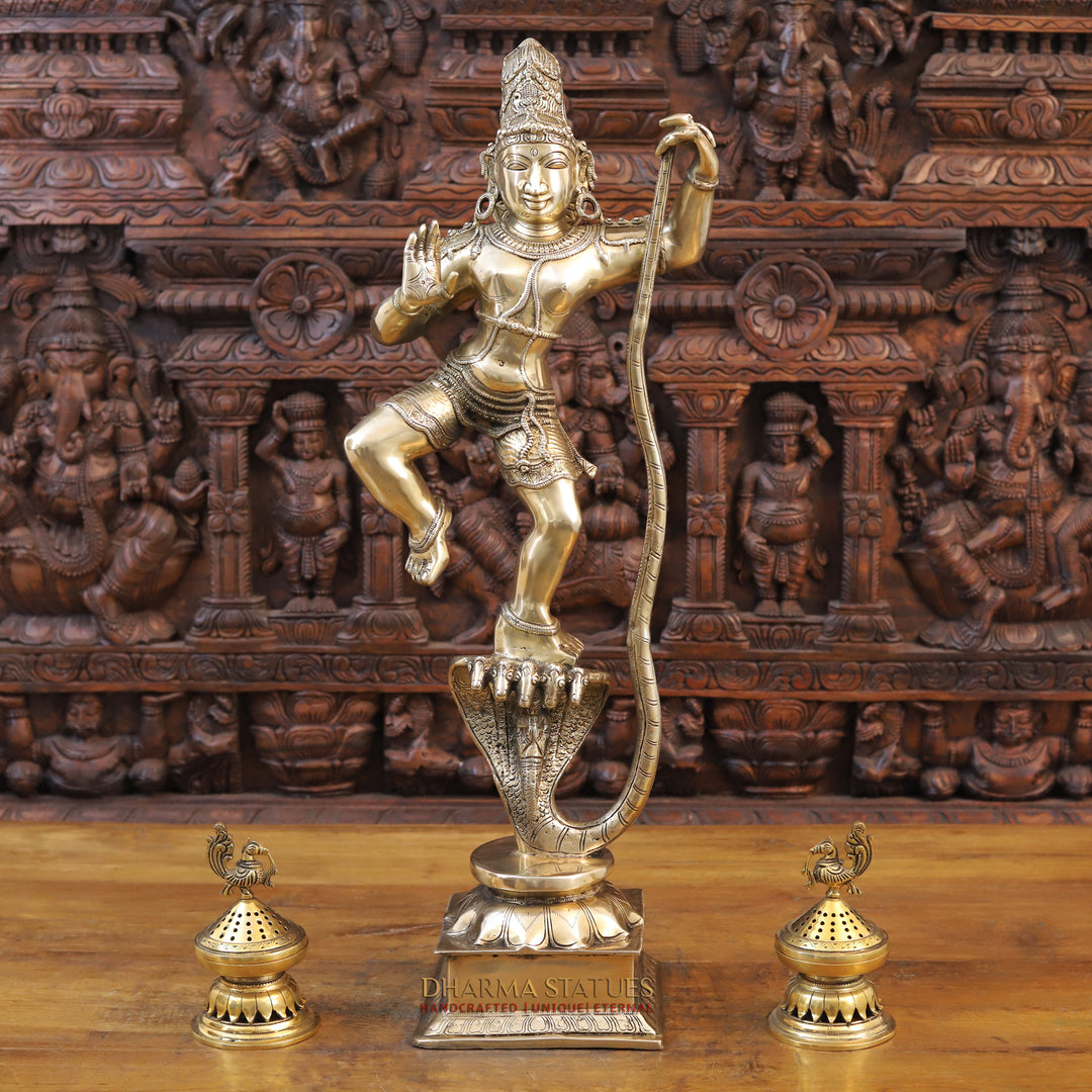 Brass Lord Krishna Idol, Standing on Sheshnag, Fine Golden Finish 29.5"