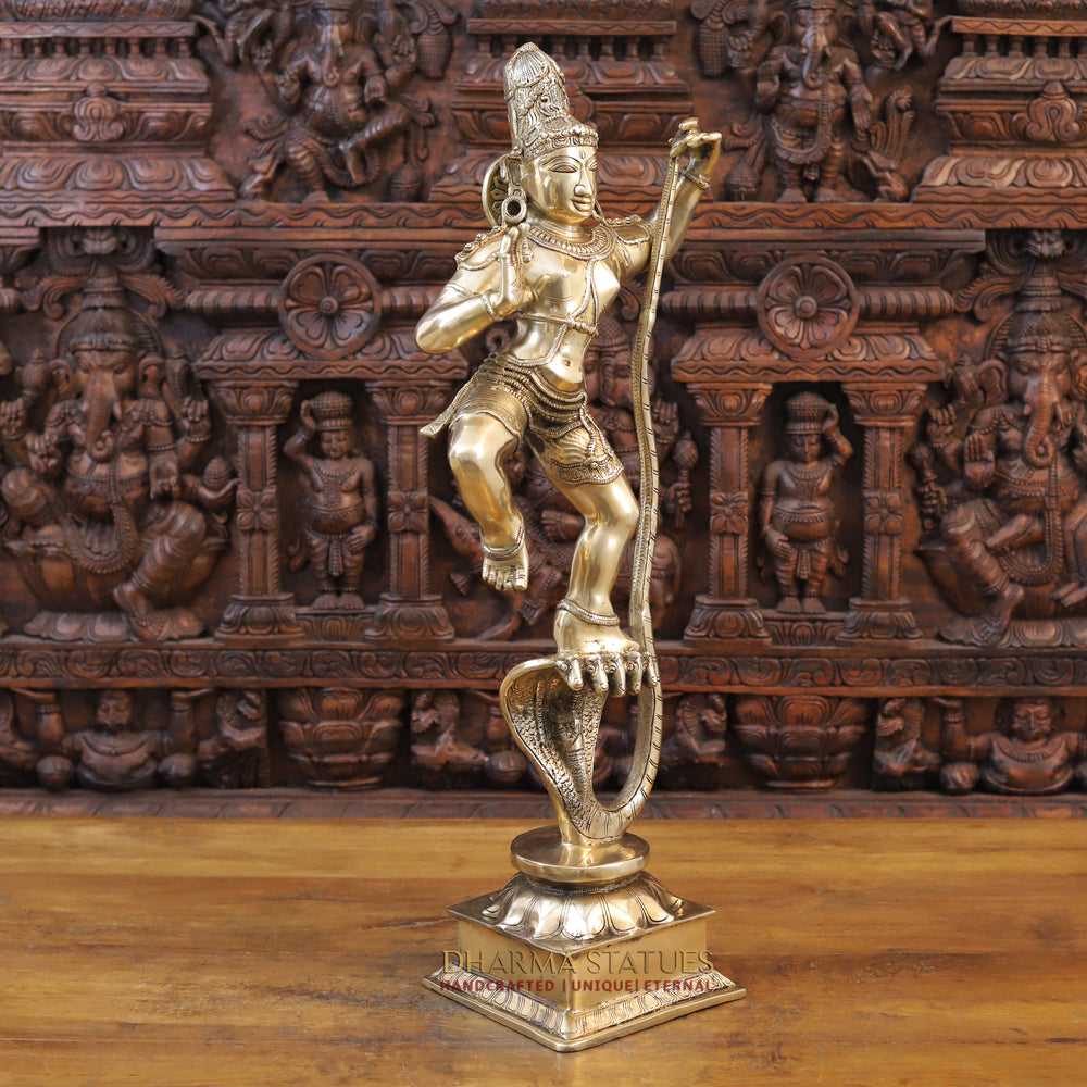 Brass Lord Krishna Idol, Standing on Nag, Fine Golden Finish 29.5" side view