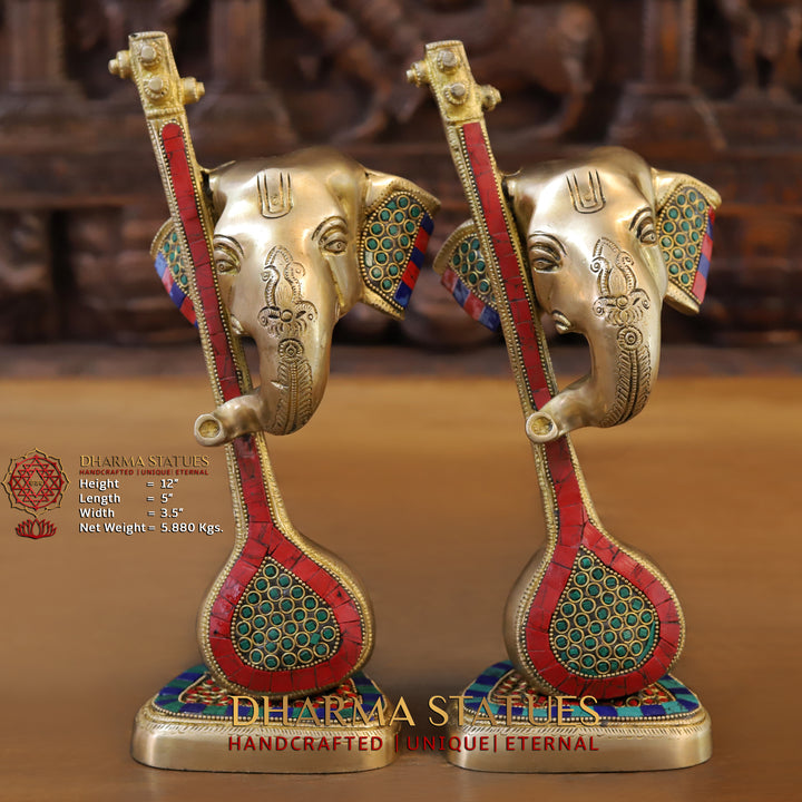 Brass Ganesh Modern with Veena , Stone Work 12"