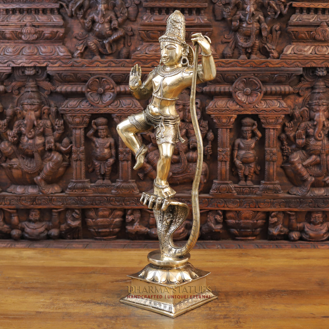 Brass Lord Krishna Idol, Standing on Nag, Fine Golden Finish 29.5" side view