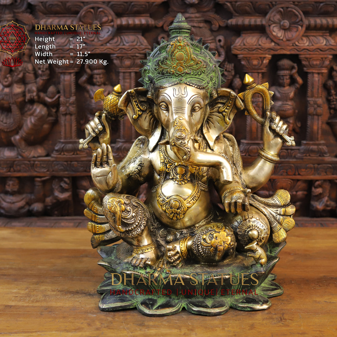 Brass Ganesh Idol, Seated an a Lotus, Green patina and Golden Finish 21" Front View