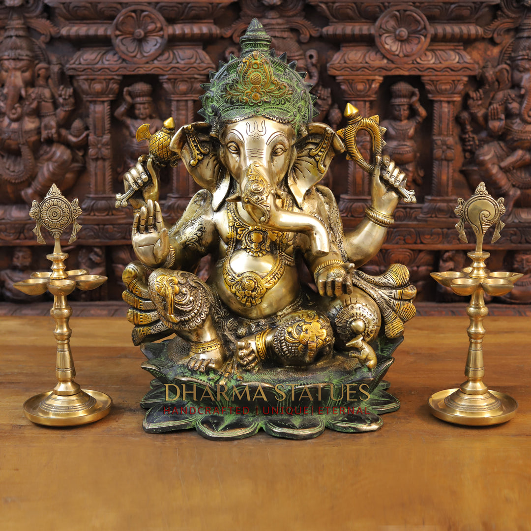 Brass Ganesh Seated on Lotus Base, Black Gold with Green Hues 21"