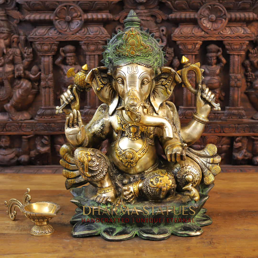 Brass Ganesh Seated on Lotus Base, Black Gold with Green Hues 21"