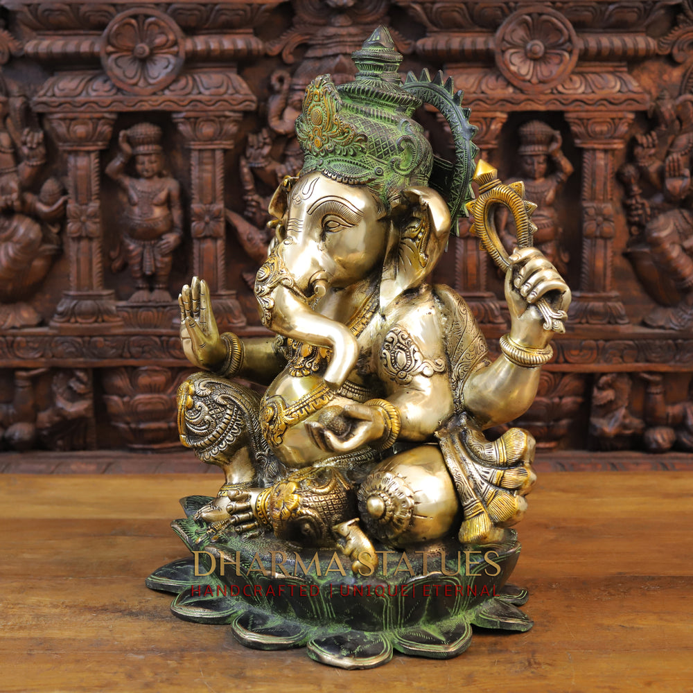 Brass Ganesh Idol, Seated an a Lotus, Green patina and Golden Finish 21" side view