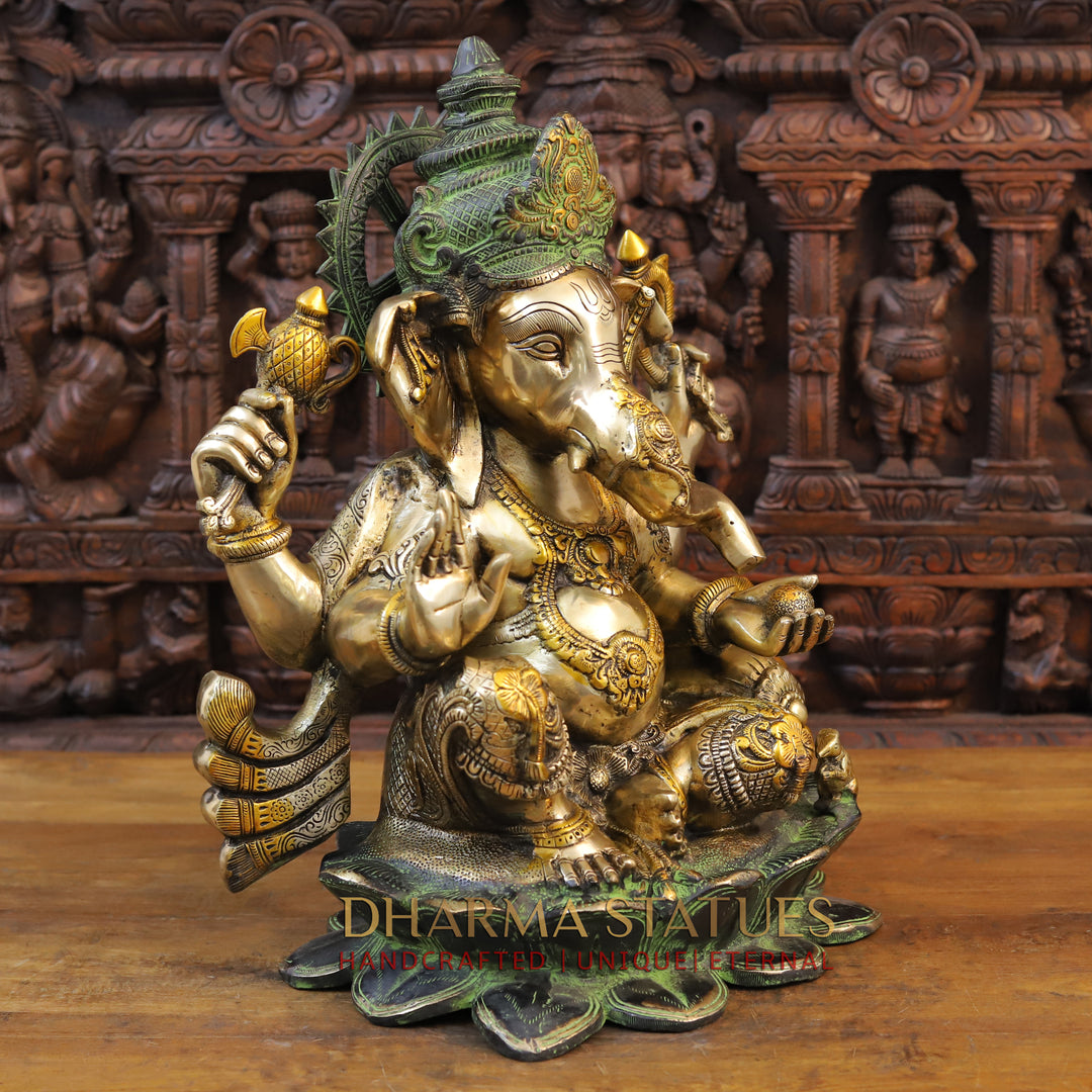 Brass Ganesh Idol, Seated an a Lotus, Green patina and Golden Finish 21" side view