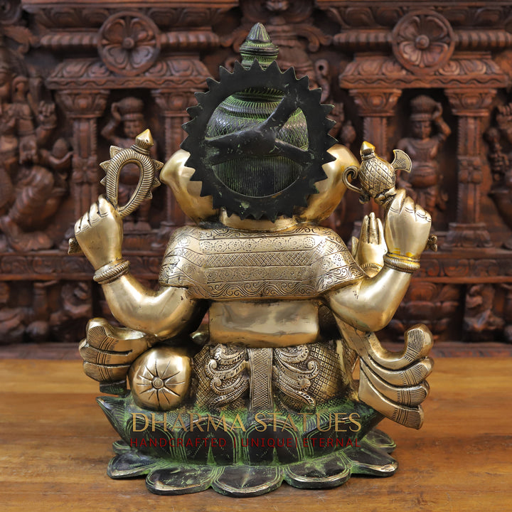 Brass Ganesh Idol, Seated an a Lotus, Green patina and Golden Finish 21" back view