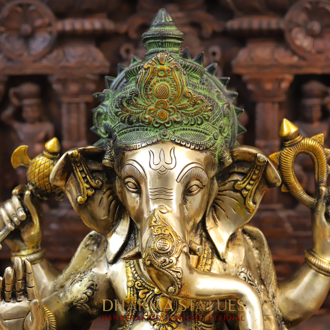 Brass Ganesh Seated on Lotus Base, Black Gold with Green Hues 21"