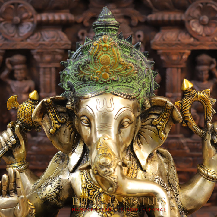 Brass Ganesh Seated on Lotus Base, Black Gold with Green Hues 21"