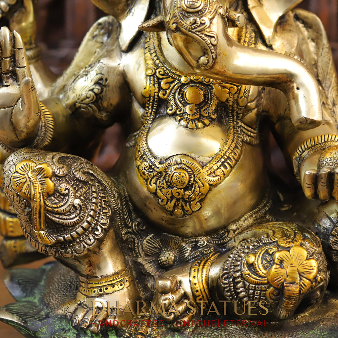 Brass Ganesh Seated on Lotus Base, Black Gold with Green Hues 21"