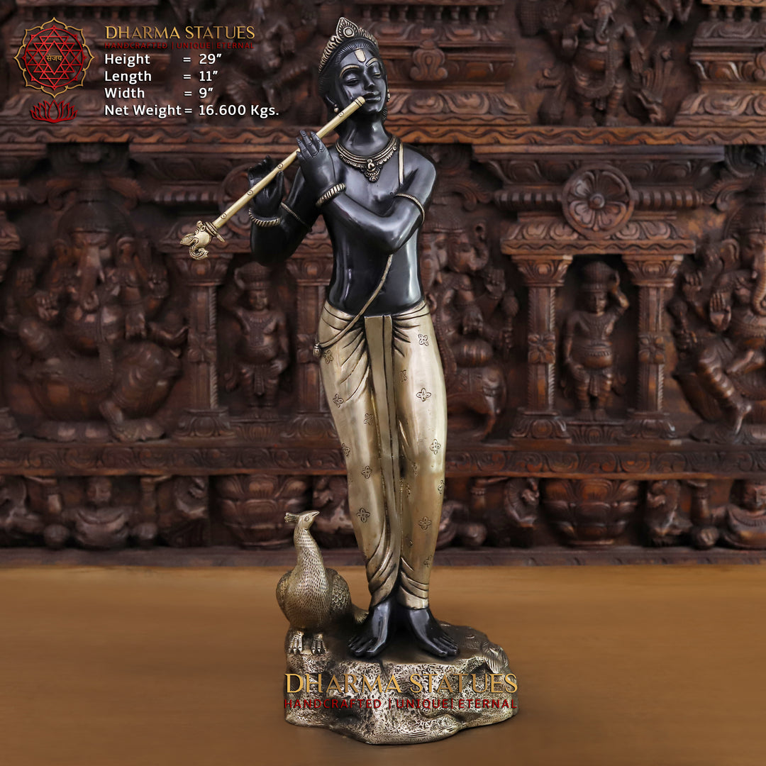 Brass Lord Krishna Idol, Playing Flute with Peacock, Black Patina & Golden 29"