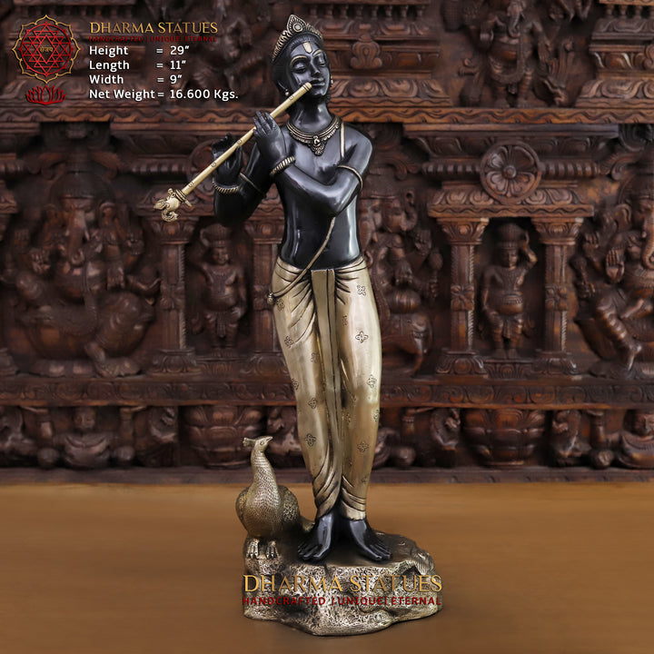 Brass Lord Krishna Idol, Playing Flute with Peacock, Black Patina & Golden 29"