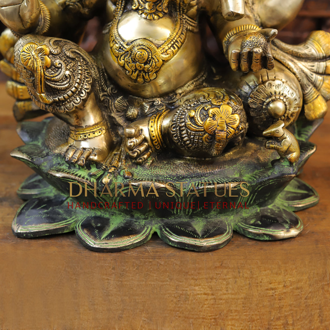 Brass Ganesh Seated on Lotus Base, Black Gold with Green Hues 21"