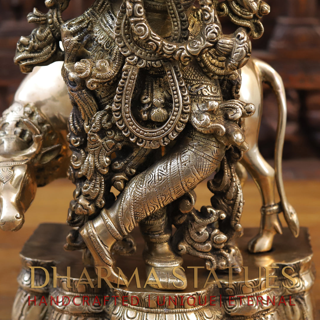 Brass Krishna Idol, Standing besides Cow, Fine Golden Finish, 22.5"