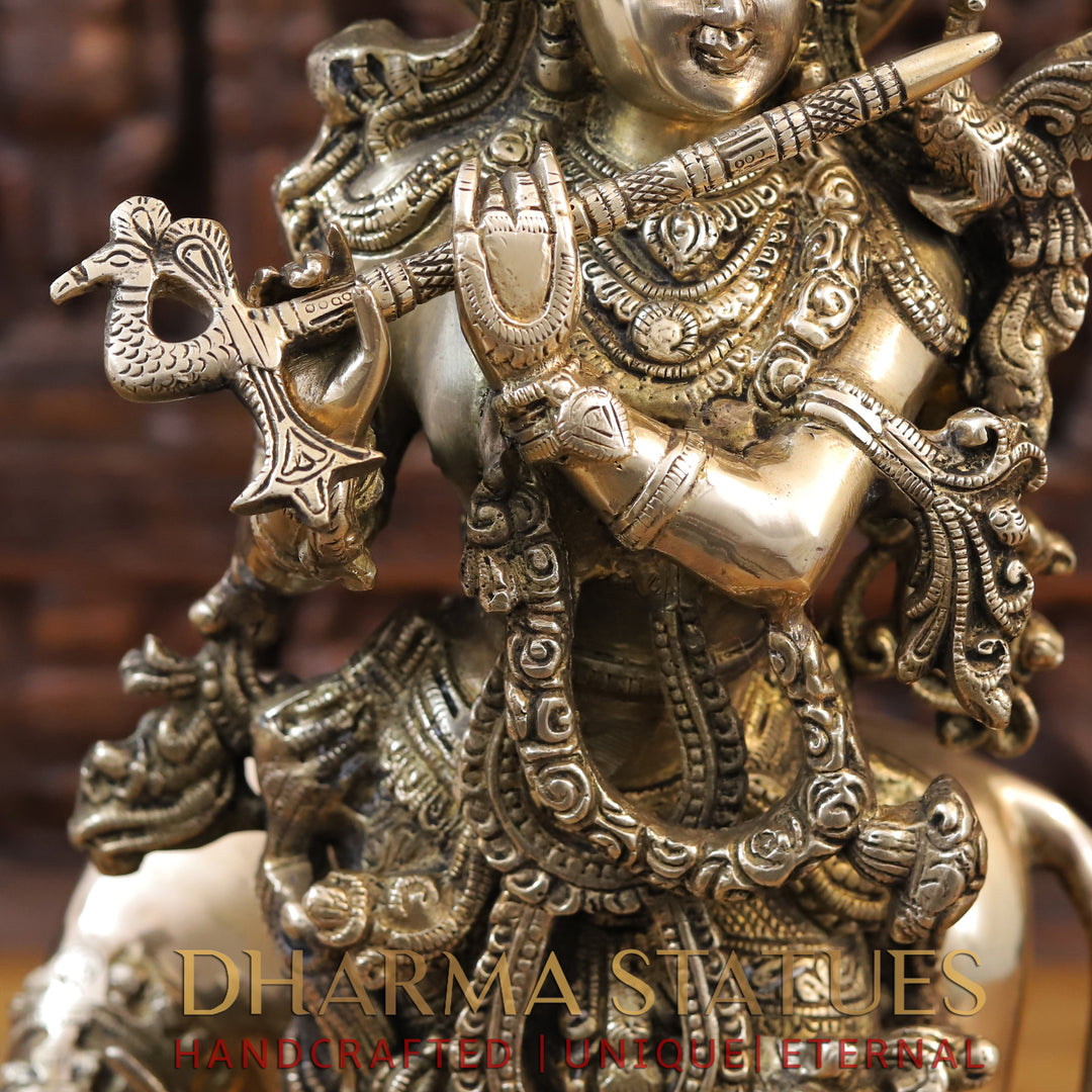 Brass Krishna Idol, Standing besides Cow, Fine Golden Finish, 22.5"