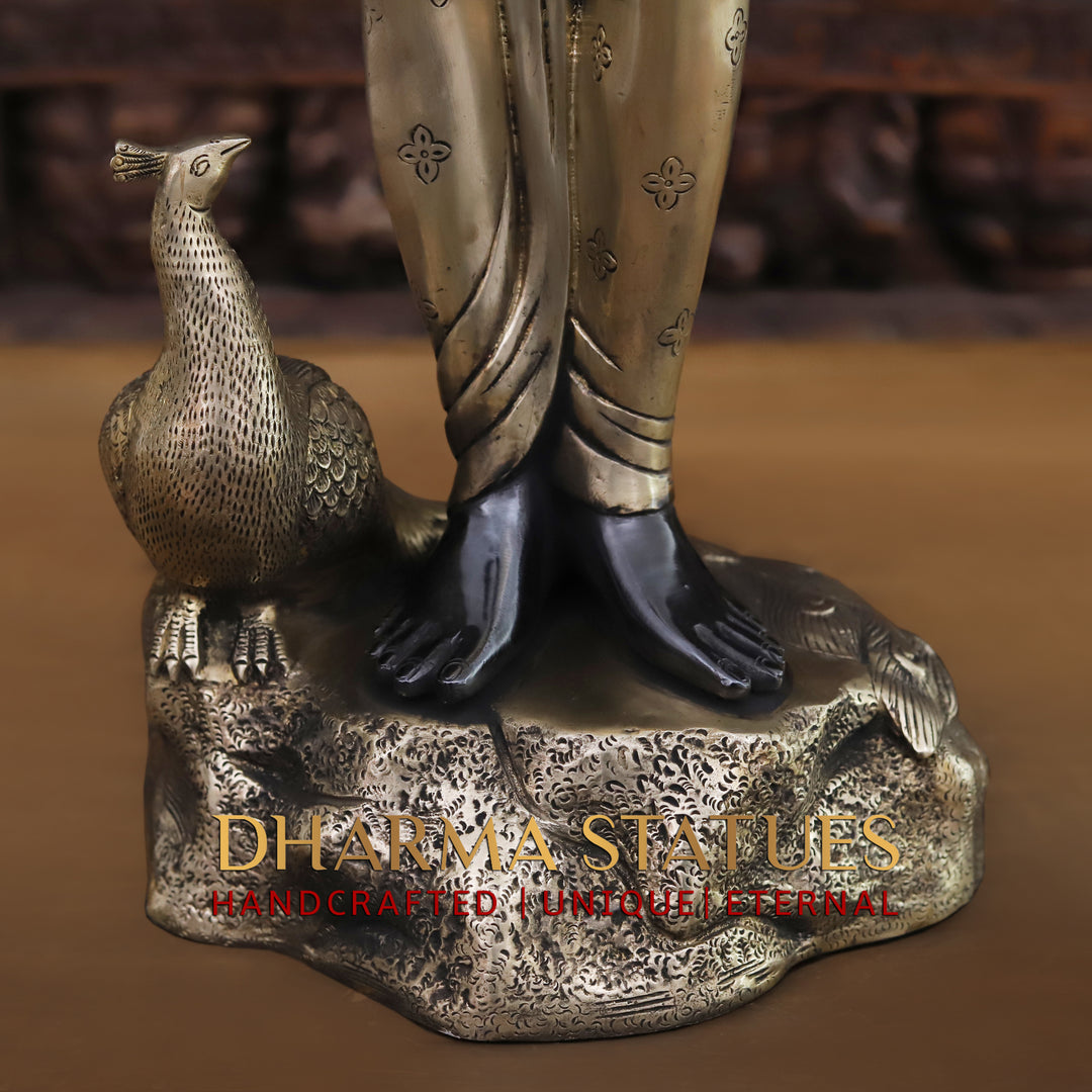 Brass Lord Krishna Idol, Playing Flute with Peacock, Black Patina & Golden 29"