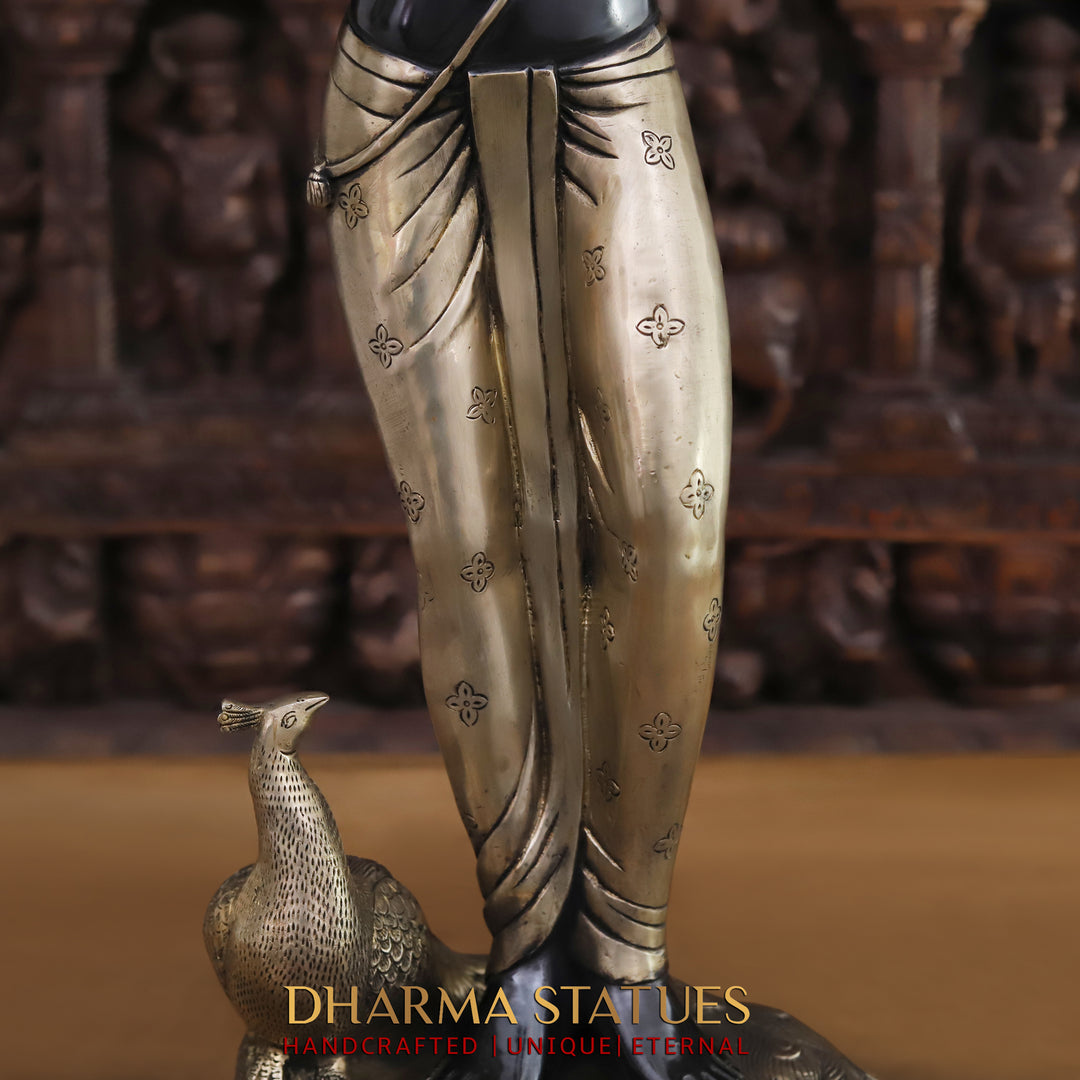 Brass Lord Krishna Idol, Playing Flute with Peacock, Black Patina & Golden 29"