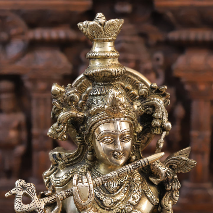 Brass Krishna Idol, Standing besides Cow, Fine Golden Finish, 22.5"