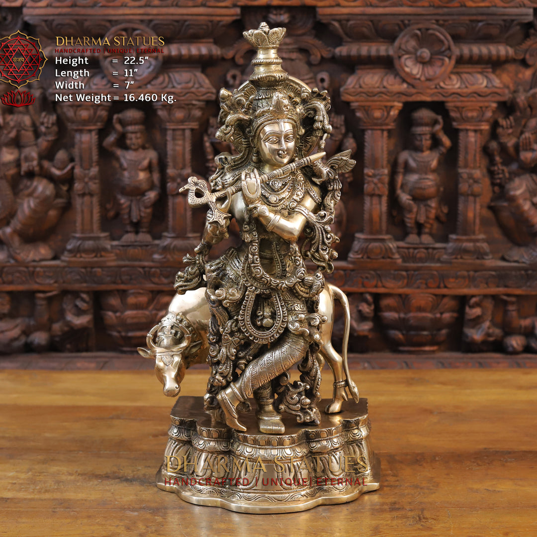 Brass Krishna Idol, Standing besides Cow, Fine Golden Finish 22.5" Front View